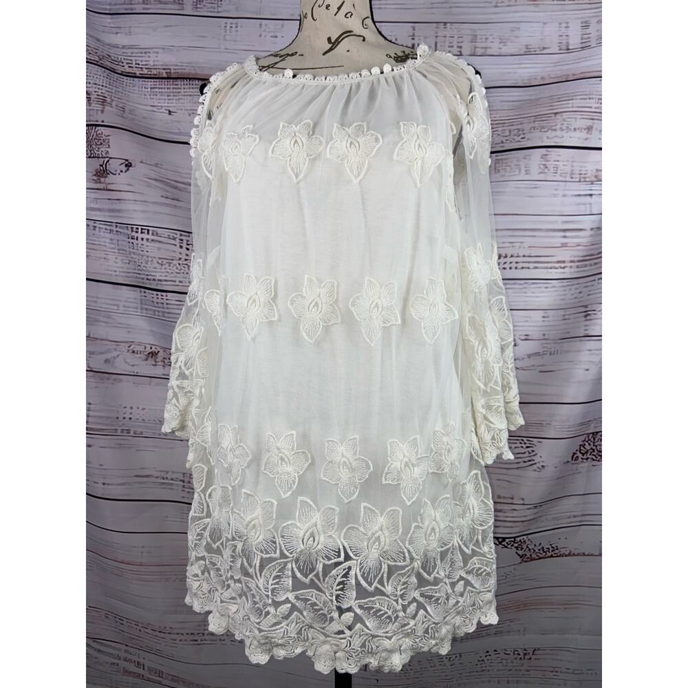 First Lady Lace Embroidered Blouse Top Womens 6 3/4 Sleeves Sheer Floral Ivory